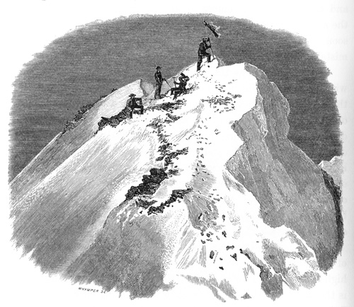 Der Gipfel des Matterhorns! Als Fahne diente der blaue Savoyarden-Kittel von Michel Croz.